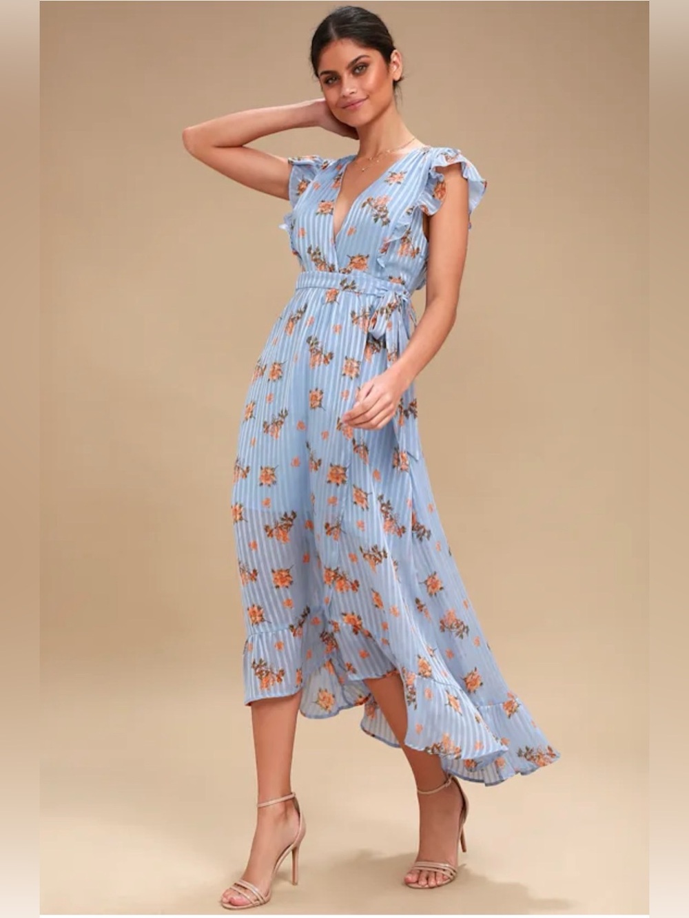ASTR the Label, Light Blue Floral Midi Dress with Tie Waist